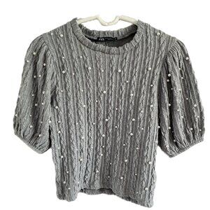 ZARA Grey Knitted Sweater with faux pearls size M (Medium) - 3/4 Sleeves